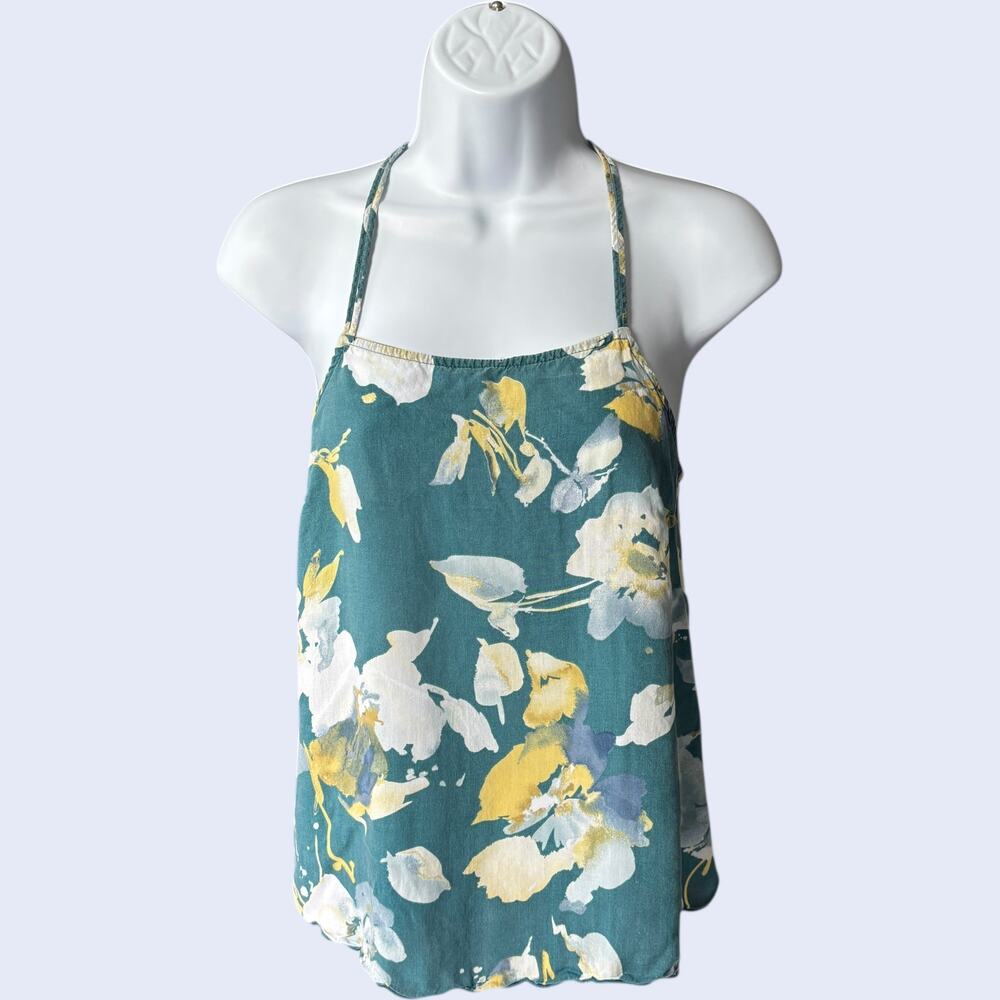 Floral Halter Cami Top Teal Green Strappy Flowy Y2K Small